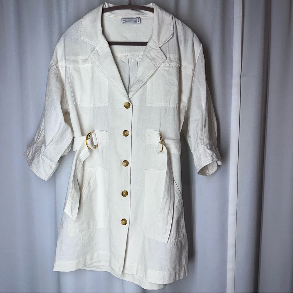 ASOS Design Mini Shirt Dress Sz 10 Cotton Hemp Blend White Belted Casual Chic